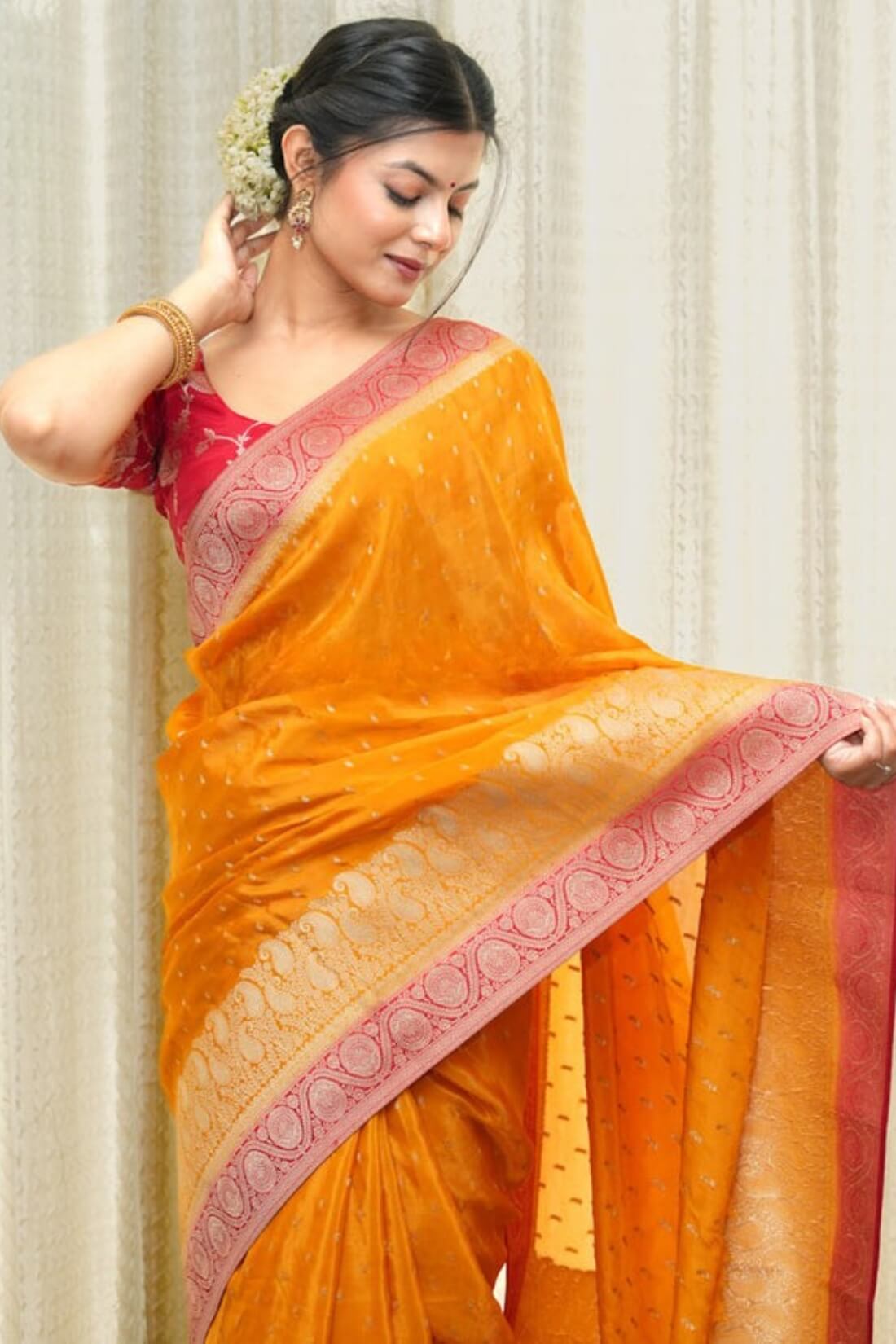 Most Flattering Orange Soft Silk Saree With Mesmerising Blouse Piece