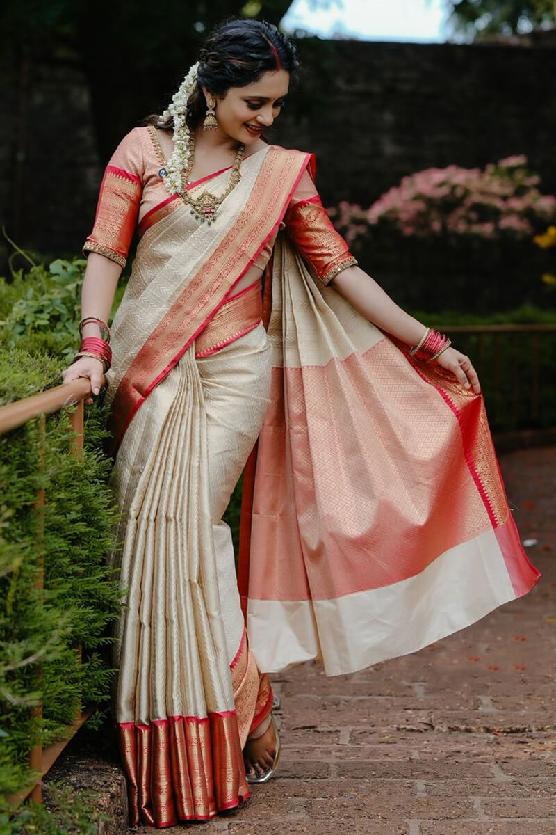 Vestigial Beige Soft Silk Saree With Susurrous Blouse Piece