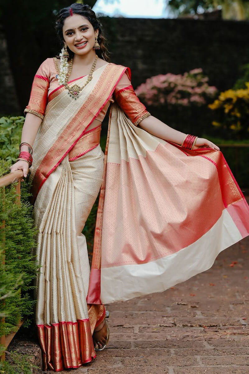 Vestigial Beige Soft Silk Saree With Susurrous Blouse Piece