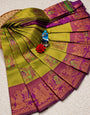 Gleaming Mehndi Pure Banarasi Silk Saree With Serendipity Blouse Piece