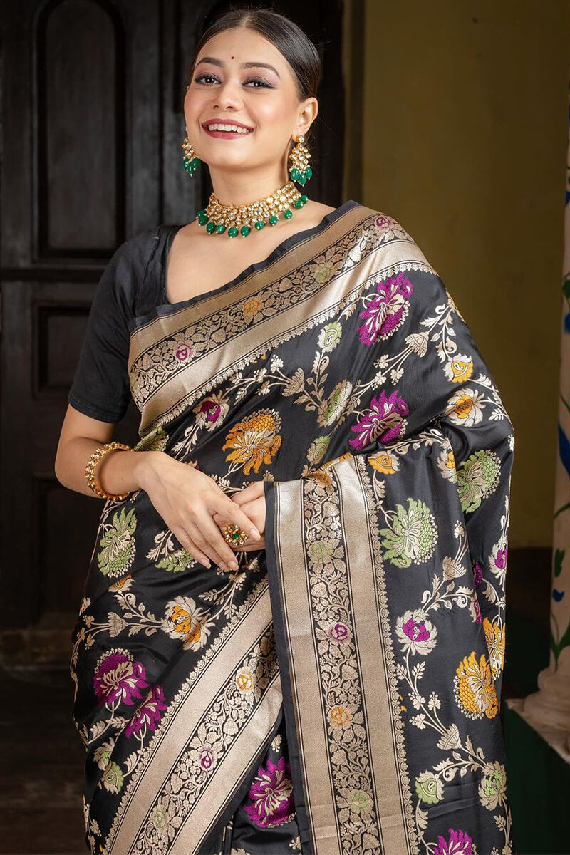 Snazzy Black Soft Silk Saree With Assemblage Blouse Piece