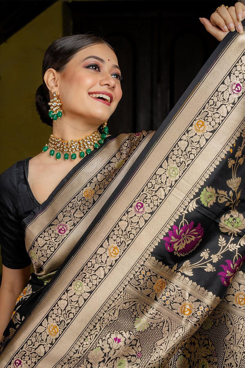 Snazzy Black Soft Silk Saree With Assemblage Blouse Piece
