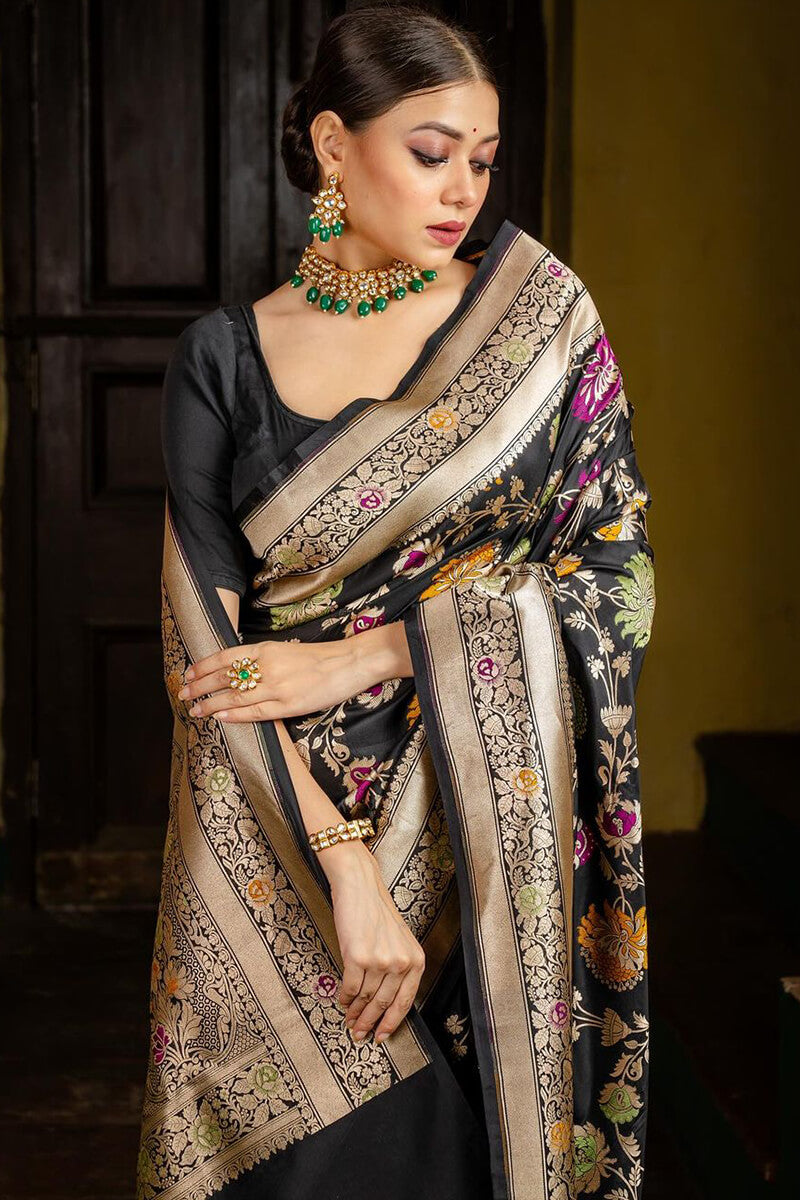 Snazzy Black Soft Silk Saree With Assemblage Blouse Piece