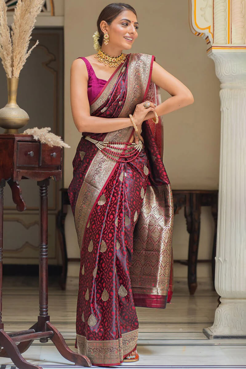 Amiable Maroon Soft Silk Saree With Scintilla Blouse Piece