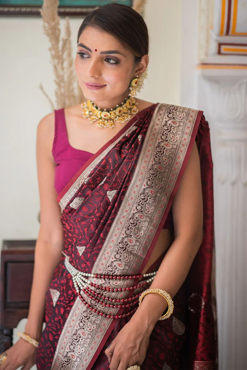 Amiable Maroon Soft Silk Saree With Scintilla Blouse Piece