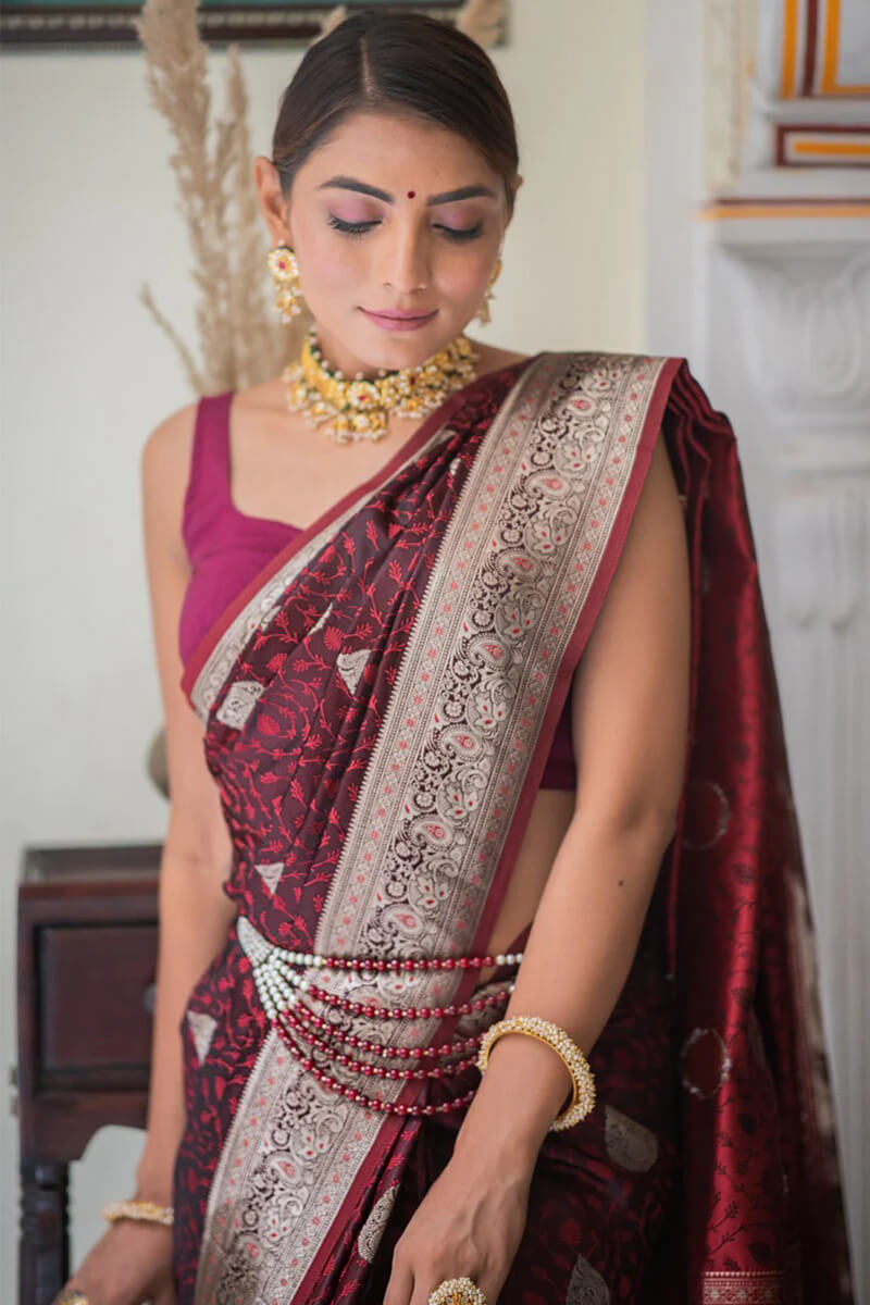 Amiable Maroon Soft Silk Saree With Scintilla Blouse Piece