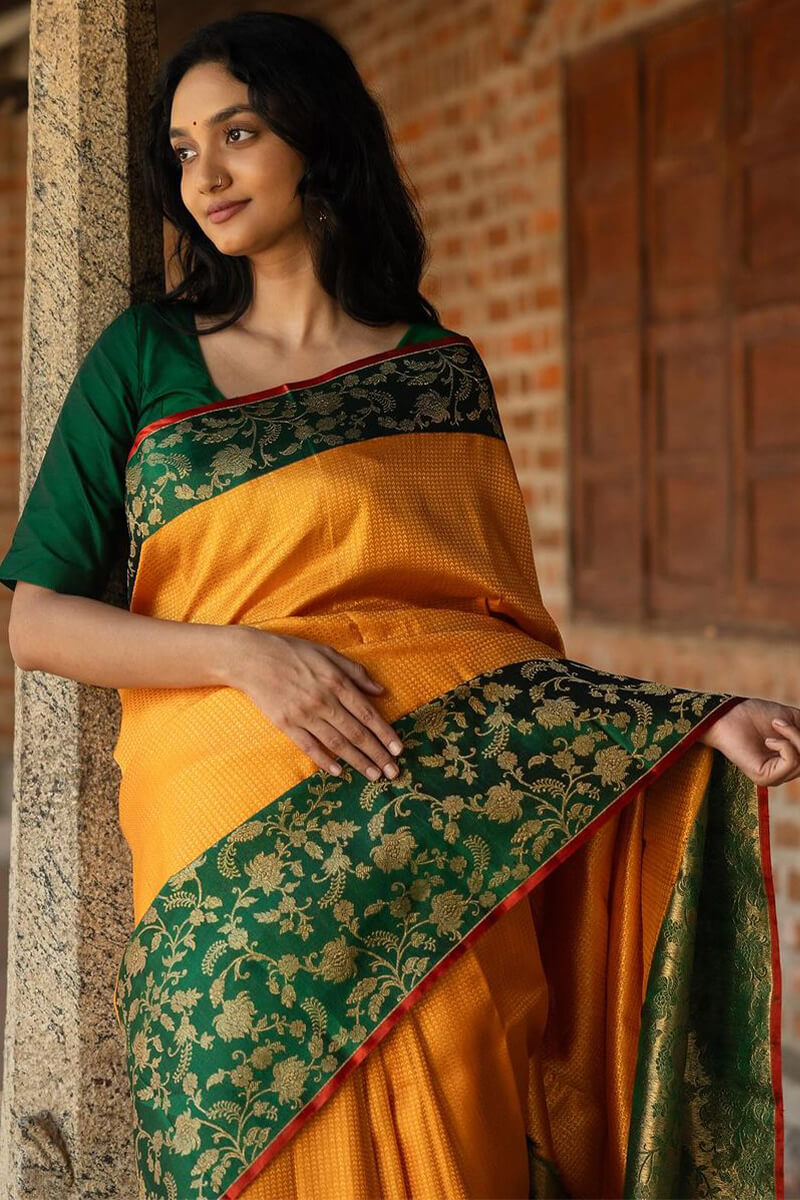 Bewitching Yellow Soft Silk Saree With Pretty Blouse Piece