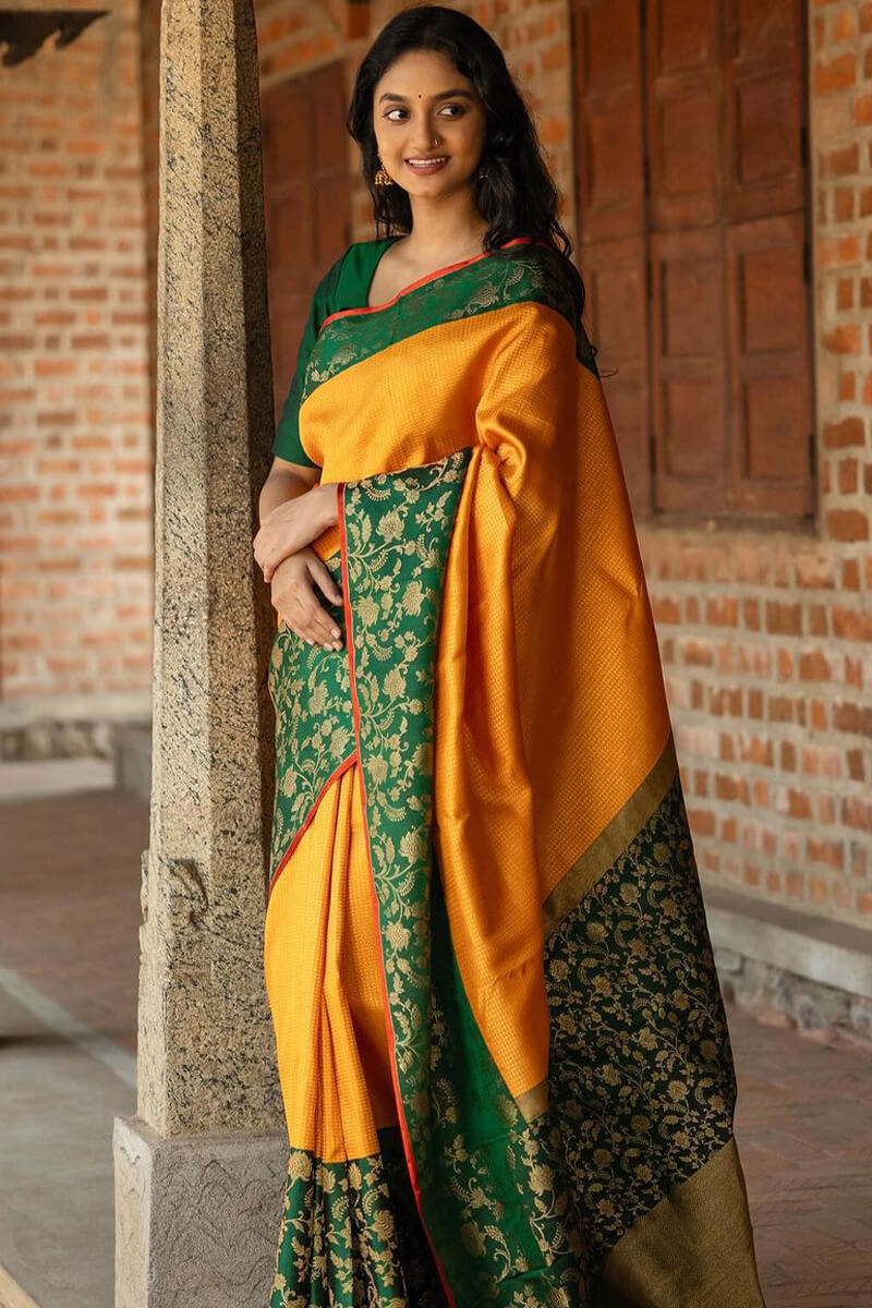 Bewitching Yellow Soft Silk Saree With Pretty Blouse Piece
