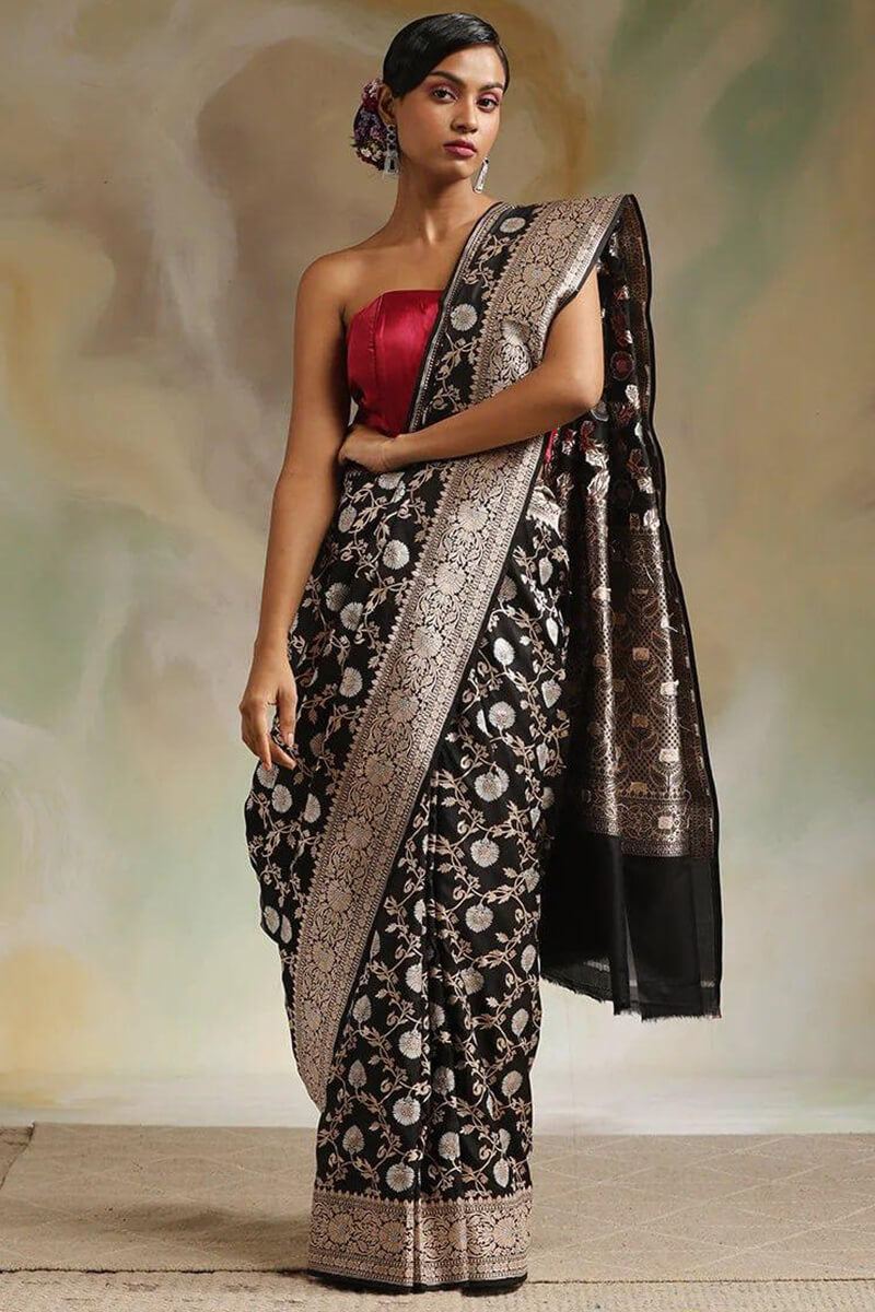 Angelic Black Soft Silk Saree With Ebullience Blouse Pieced