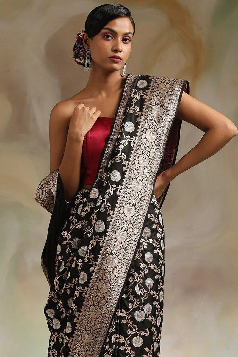 Angelic Black Soft Silk Saree With Ebullience Blouse Pieced