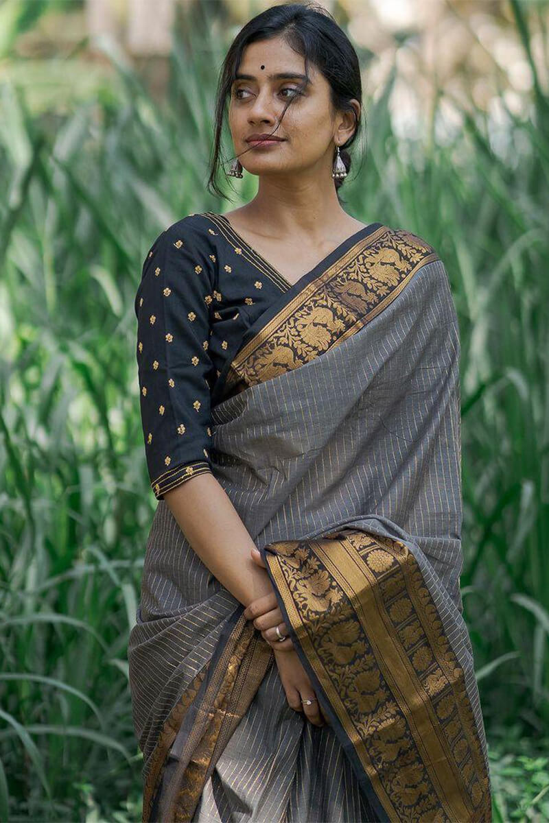 Intricate Grey Soft Silk Saree With Adoring Blouse Pieced