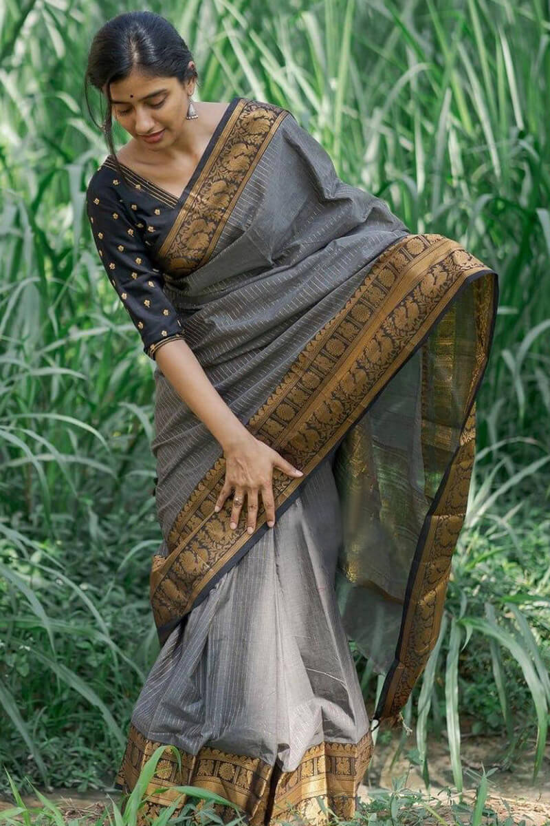 Intricate Grey Soft Silk Saree With Adoring Blouse Pieced