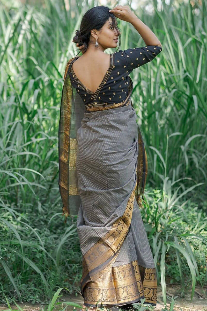 Intricate Grey Soft Silk Saree With Adoring Blouse Pieced