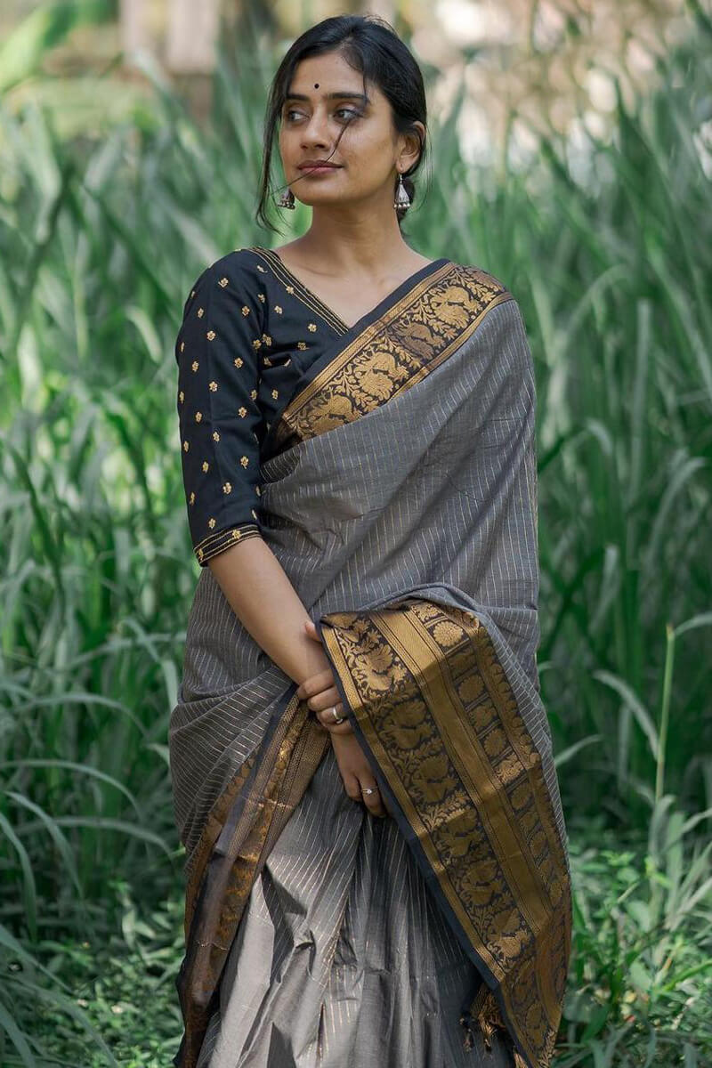 Intricate Grey Soft Silk Saree With Adoring Blouse Pieced