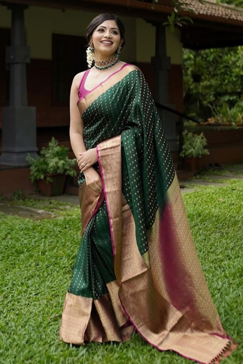 Forbearance Dark Green Soft Silk Saree With Eloquence Blouse Piece