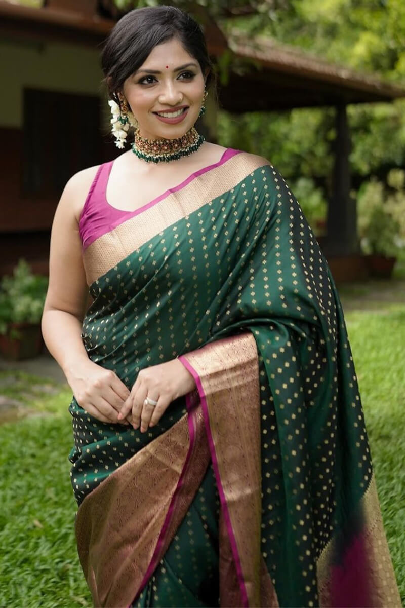Forbearance Dark Green Soft Silk Saree With Eloquence Blouse Piece