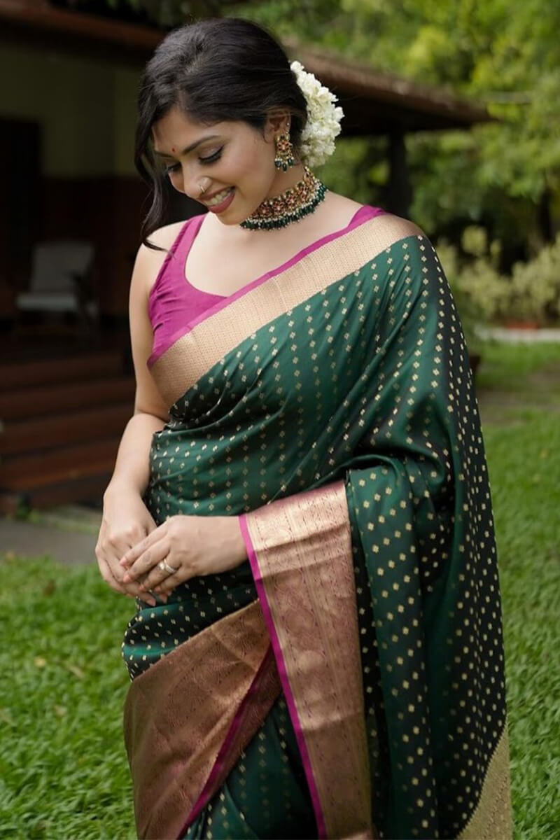 Forbearance Dark Green Soft Silk Saree With Eloquence Blouse Piece