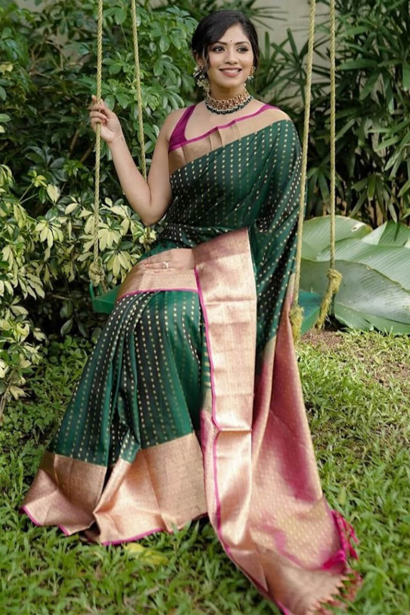 Forbearance Dark Green Soft Silk Saree With Eloquence Blouse Piece