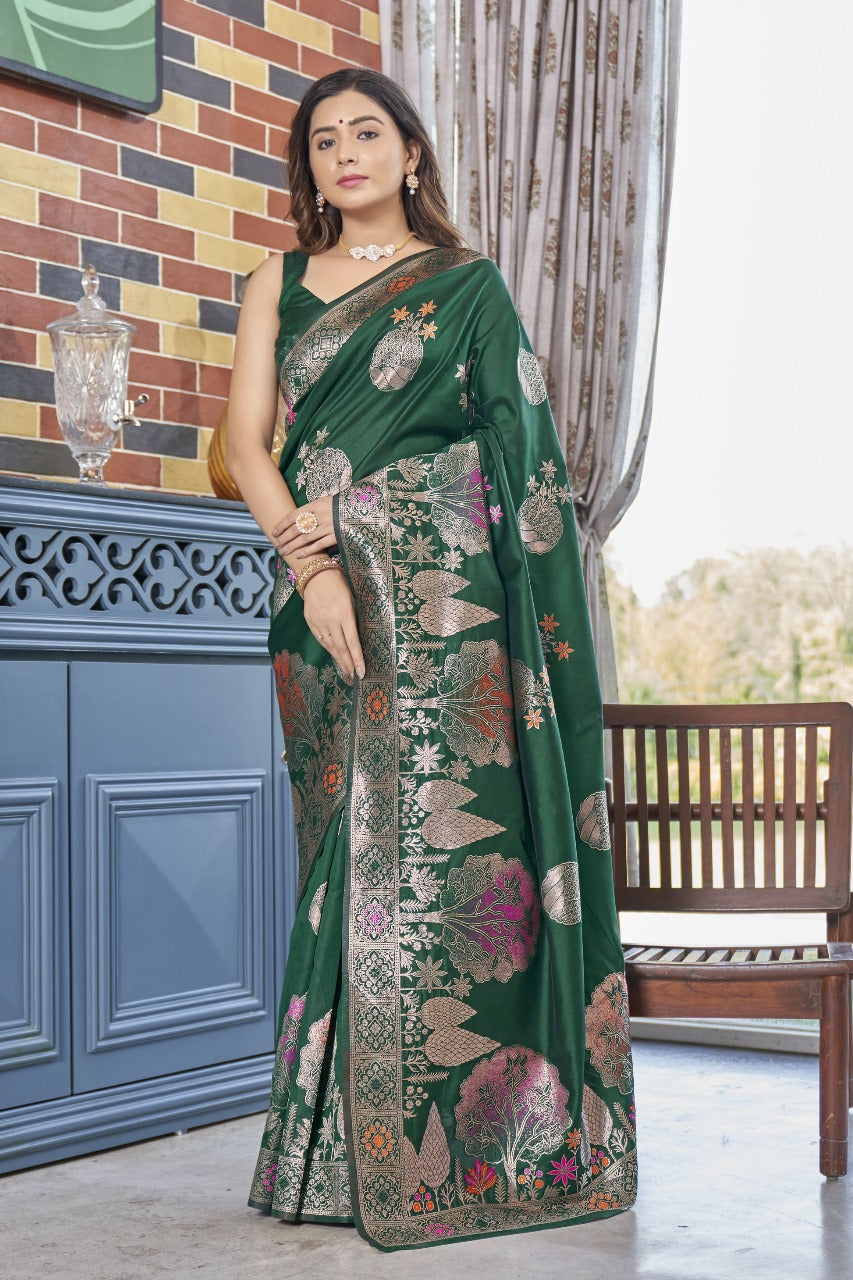 Cynosure Dark Green Soft Silk Saree With Excellent Blouse Piece