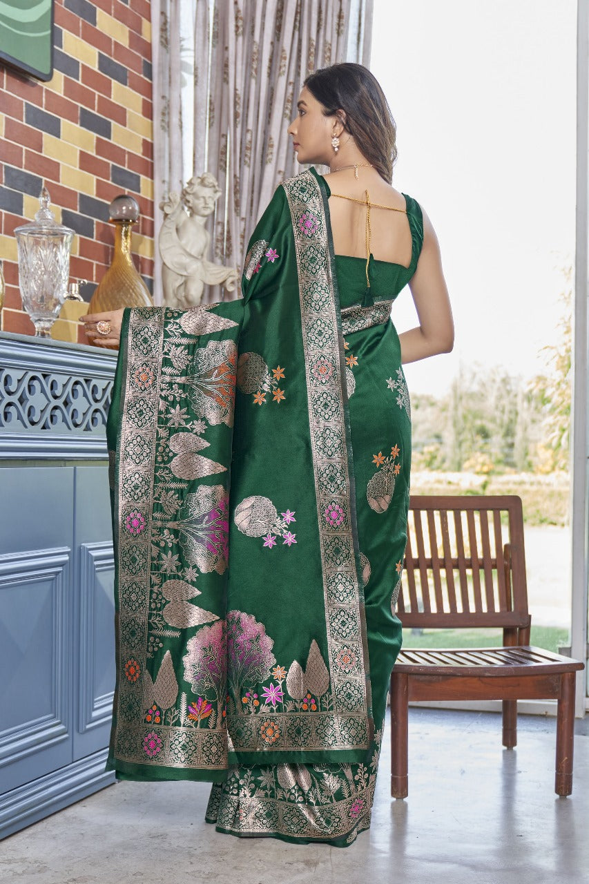 Cynosure Dark Green Soft Silk Saree With Excellent Blouse Piece