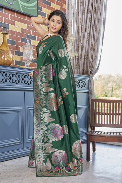 Cynosure Dark Green Soft Silk Saree With Excellent Blouse Piece