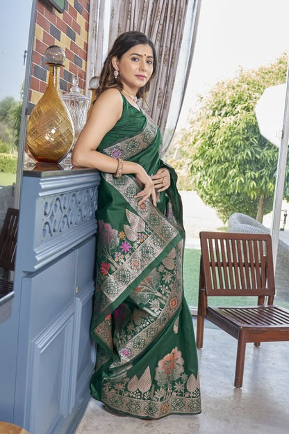 Cynosure Dark Green Soft Silk Saree With Excellent Blouse Piece