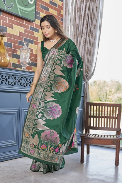 Cynosure Dark Green Soft Silk Saree With Excellent Blouse Piece