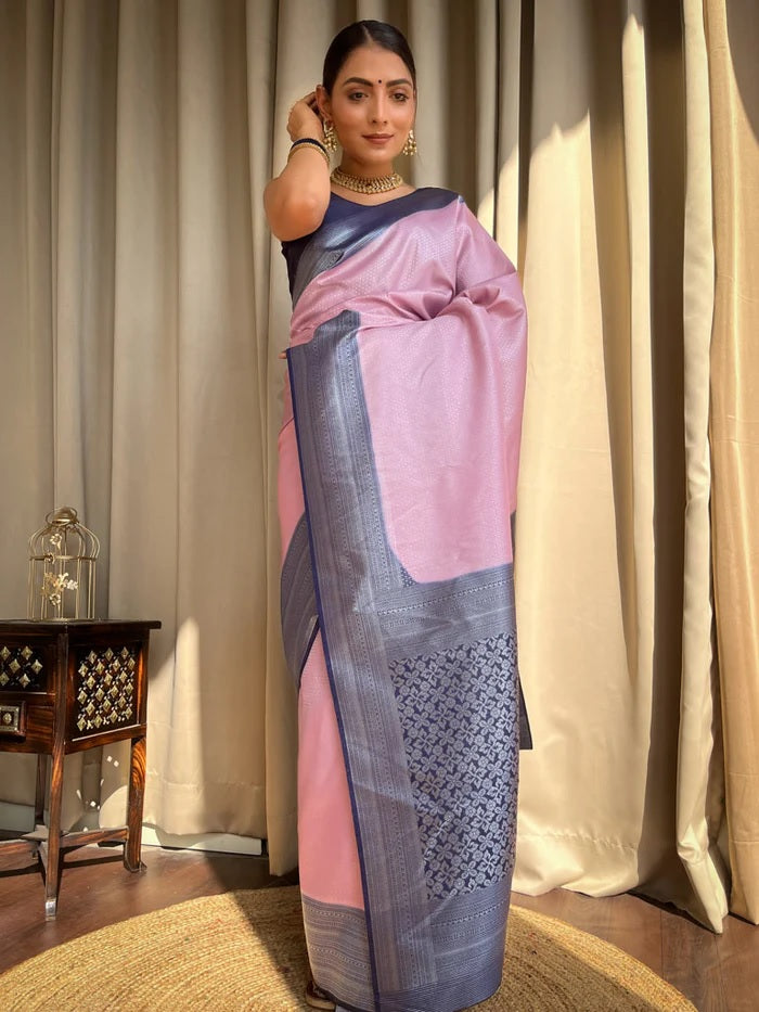 Energetic Baby Pink Soft Silk Saree With Classy Blouse Piece