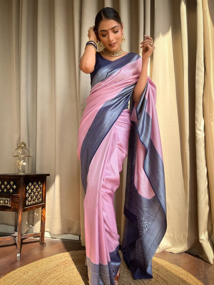 Energetic Baby Pink Soft Silk Saree With Classy Blouse Piece