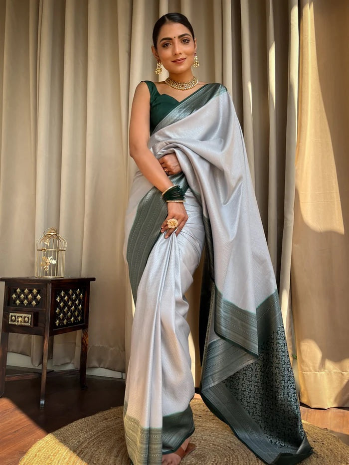 Pretty Grey Soft Silk Saree With Intricate Blouse Piece