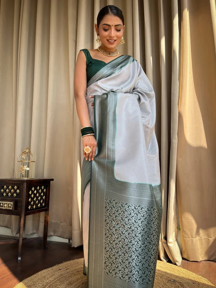 Pretty Grey Soft Silk Saree With Intricate Blouse Piece