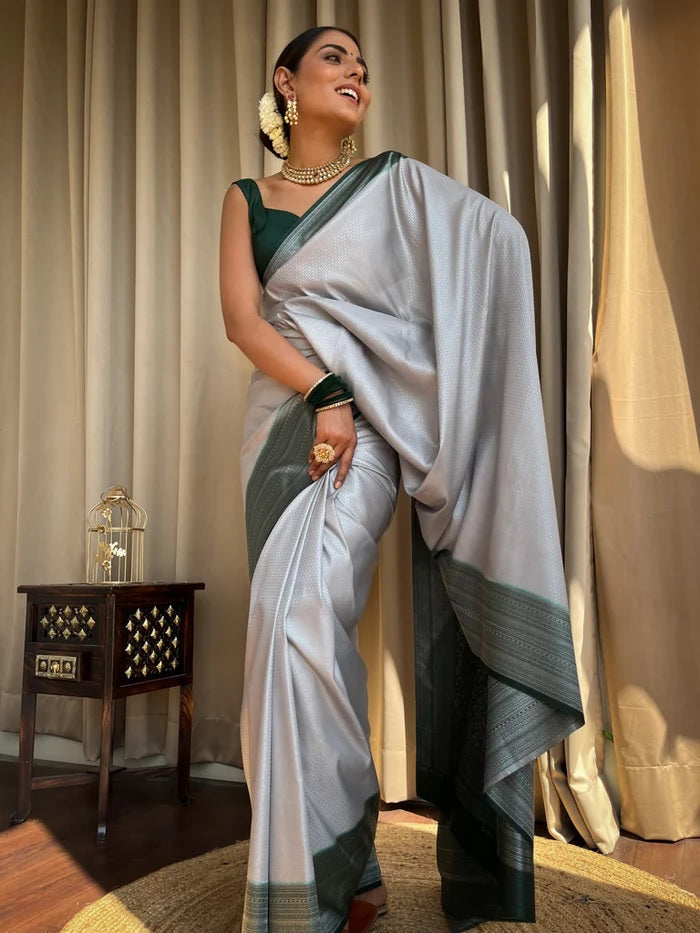 Pretty Grey Soft Silk Saree With Intricate Blouse Piece