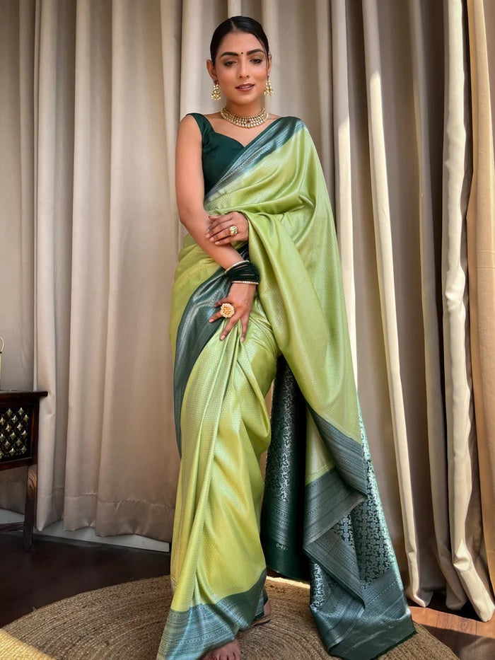 Ethnic Pista Soft Silk Saree With Majesty Blouse Piece