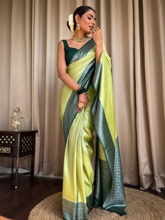 Ethnic Pista Soft Silk Saree With Majesty Blouse Piece