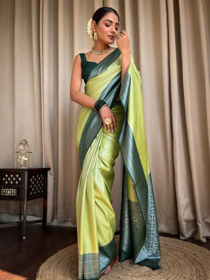 Ethnic Pista Soft Silk Saree With Majesty Blouse Piece