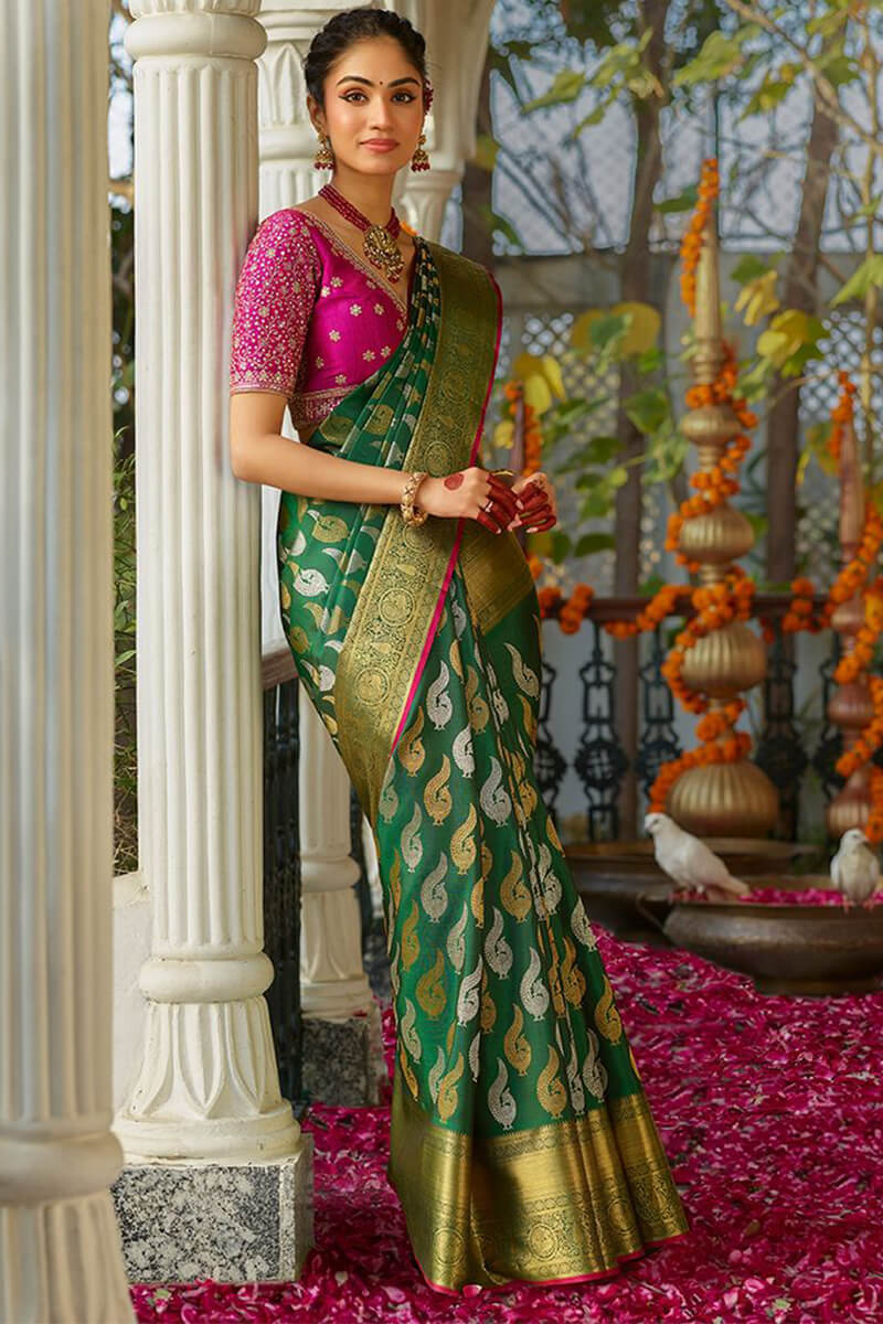 Glorious Dark Green Soft Silk Saree With Fairytale Blouse Piece
