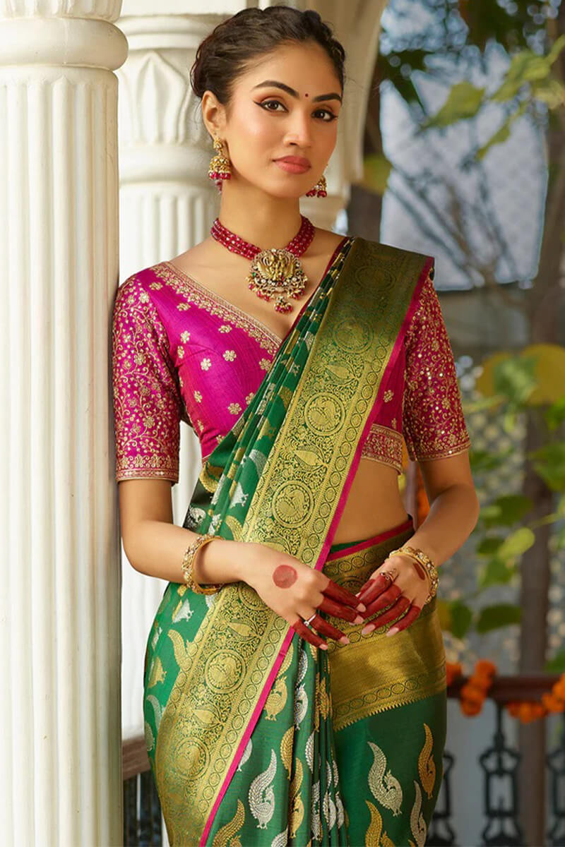 Glorious Dark Green Soft Silk Saree With Fairytale Blouse Piece
