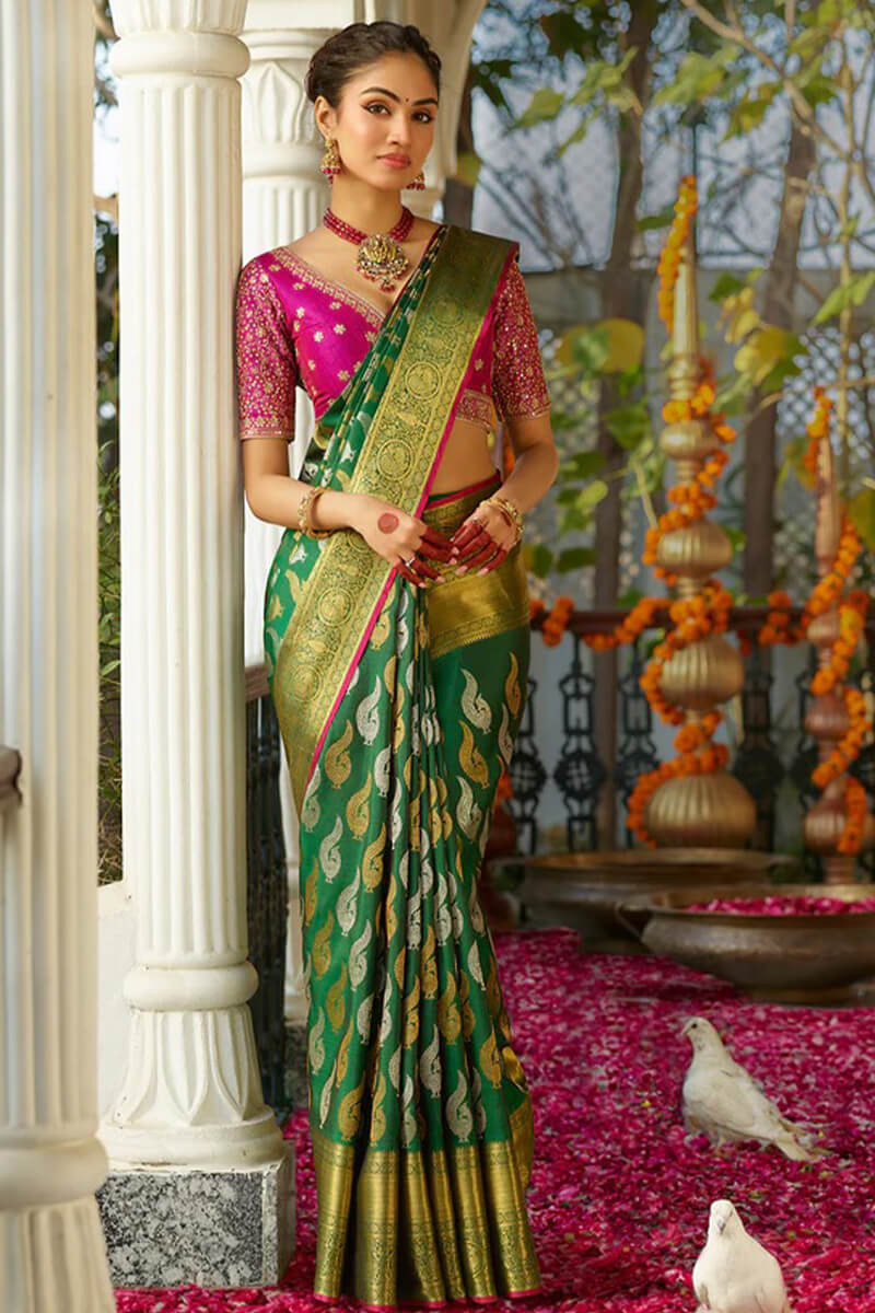 Glorious Dark Green Soft Silk Saree With Fairytale Blouse Piece