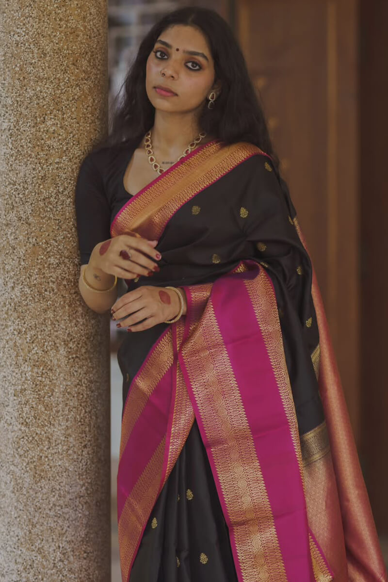 Serendipity Black Soft Silk Saree With Quintessential Blouse Piece