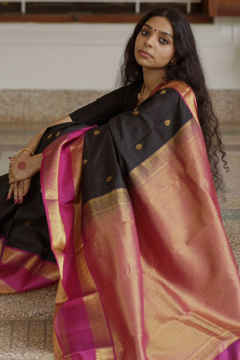 Serendipity Black Soft Silk Saree With Quintessential Blouse Piece