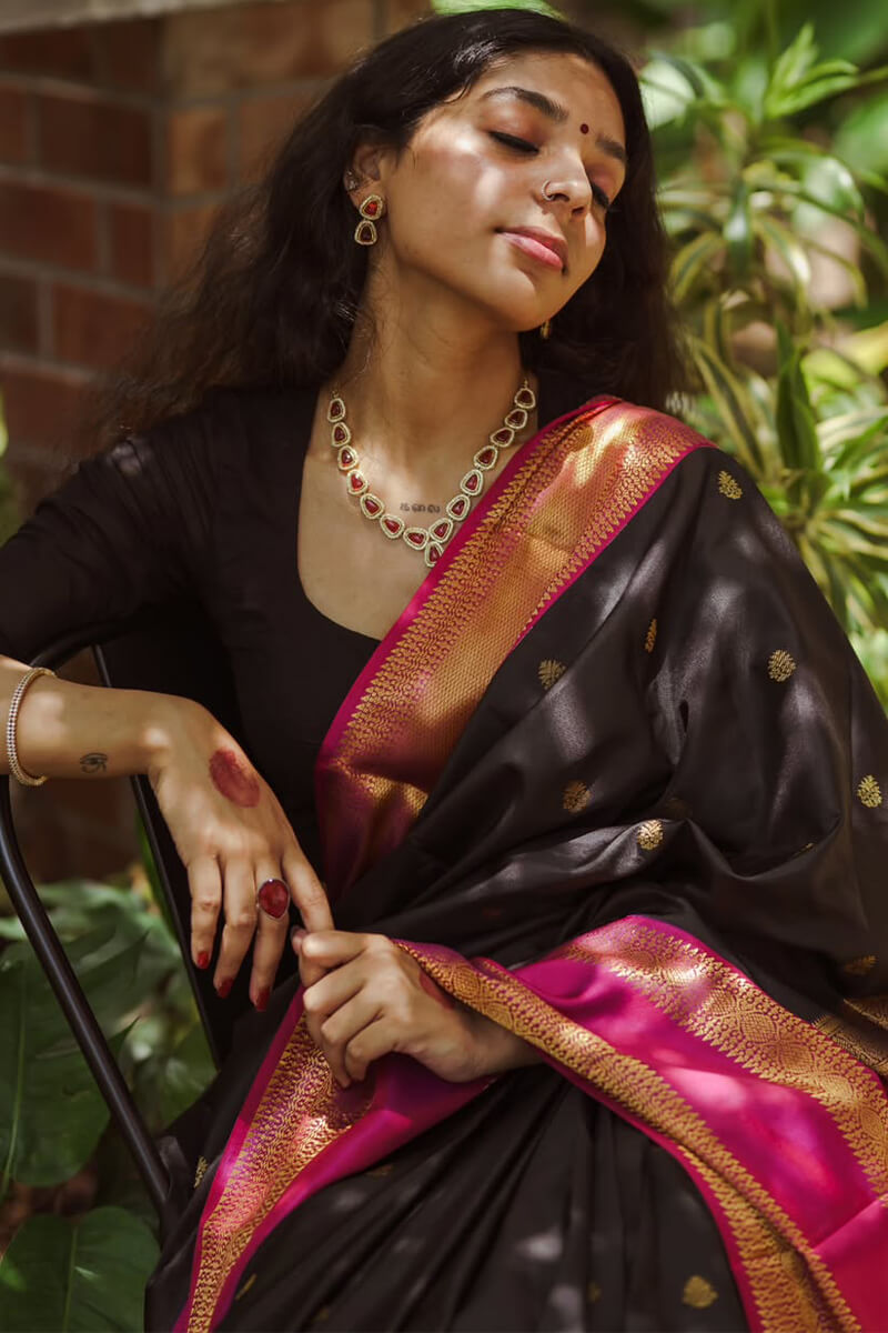 Serendipity Black Soft Silk Saree With Quintessential Blouse Piece