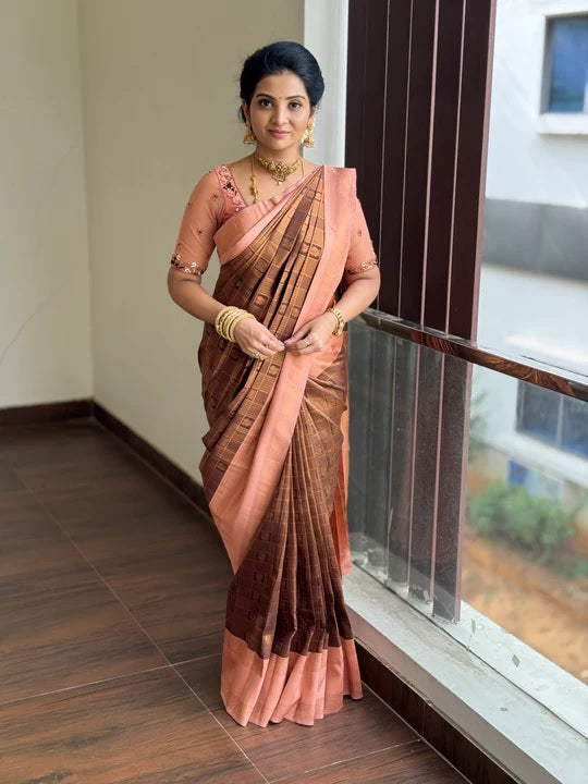 Evocative Brown Soft Silk Saree With Divine Blouse Piece