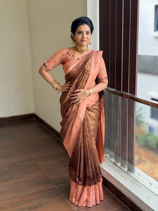 Evocative Brown Soft Silk Saree With Divine Blouse Piece