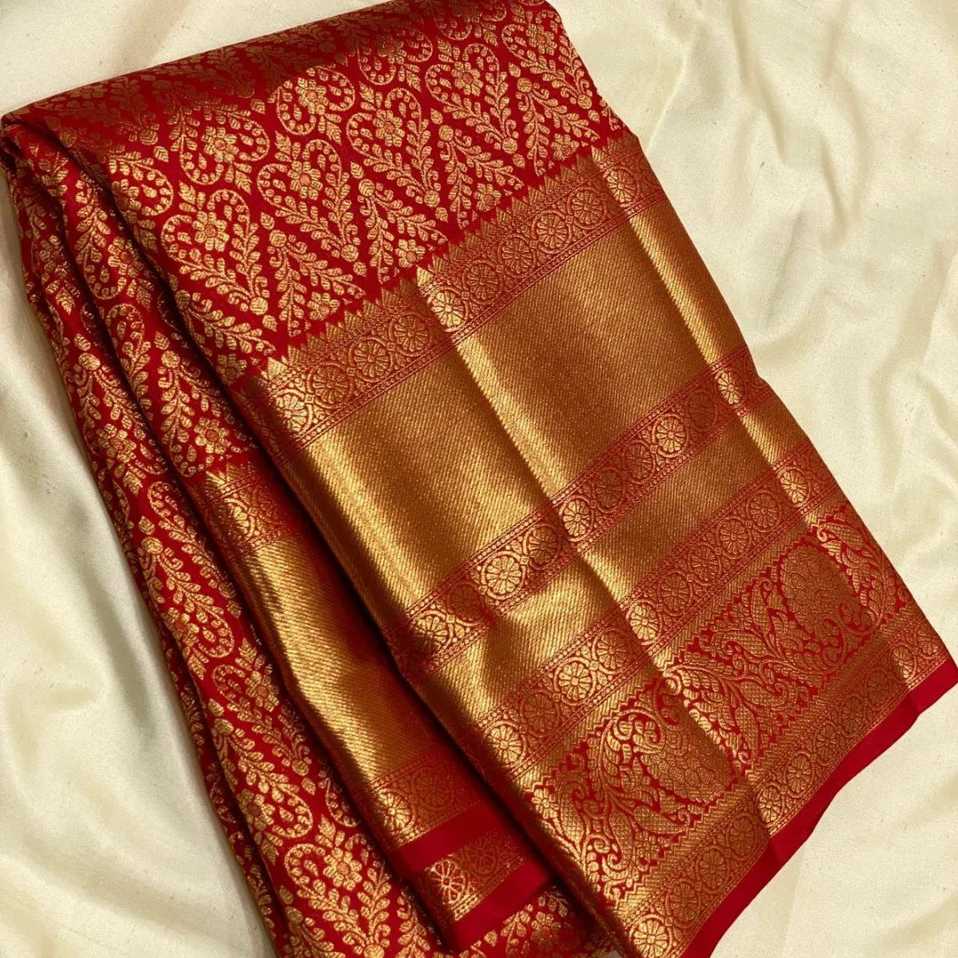 Luminous Red Soft Banarasi Silk Saree With Opulent Blouse Piece