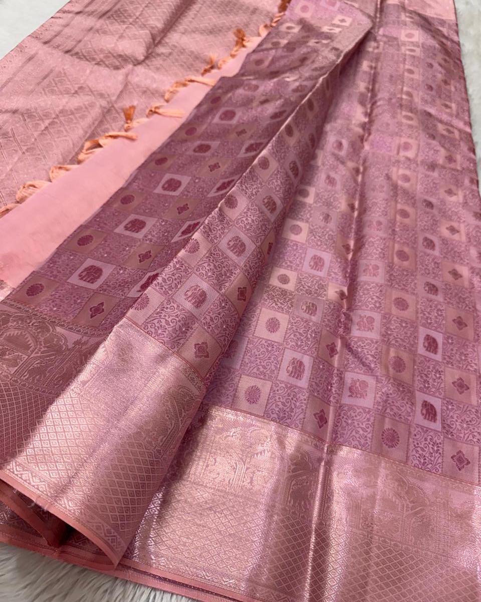 Exuberant Baby Pink Soft Silk Saree With Eloquence Blouse Piece