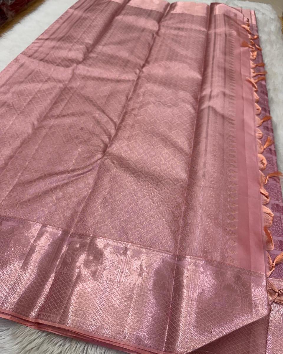Exuberant Baby Pink Soft Silk Saree With Eloquence Blouse Piece