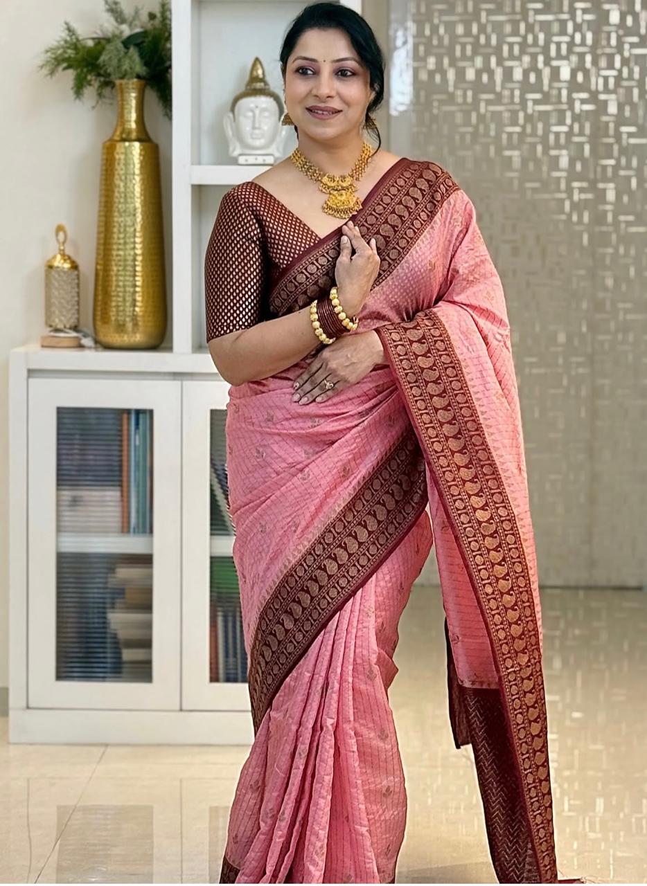 Exuberant Pink Soft Silk Saree With Epiphany Blouse Piece
