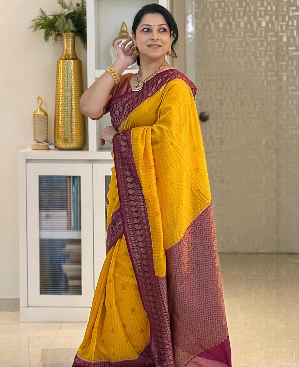 Nemesis Yellow Soft Silk Saree With Seraphic Blouse Piece