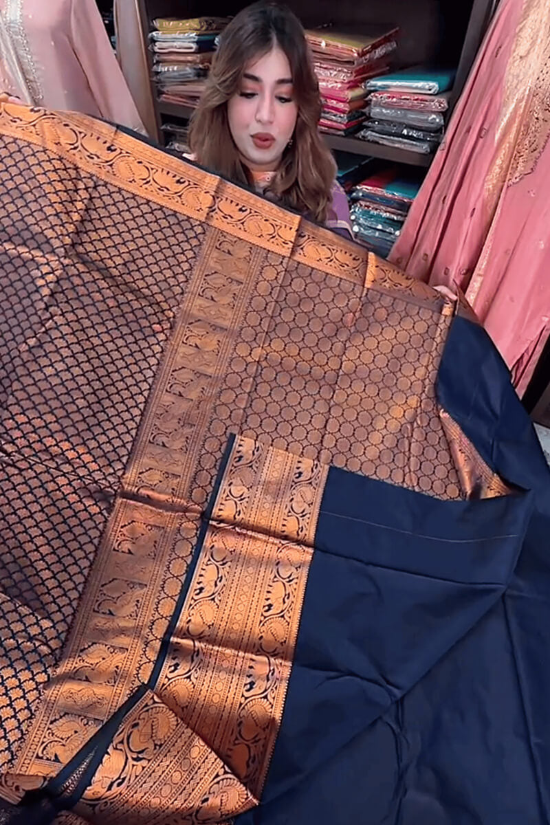 Designer Navy Blue Soft Banarasi Silk Saree With Ethereal Blouse Piece