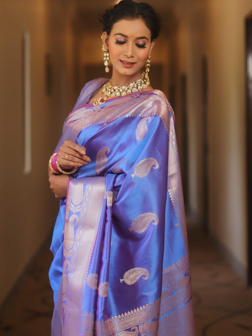 Designer Blue Soft Banarasi Silk Saree With Magnetic Blouse Piece